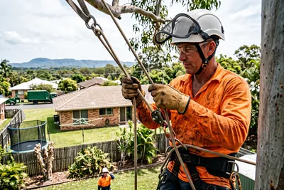 Qualified arborist working with a two rope climbing system in a backyard flooded gum on the Sunshine Coast